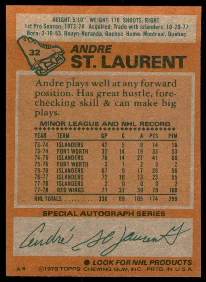 1978-79 Topps Andre St. Laurent Detroit Red Wings #32 - Image 2 of 2