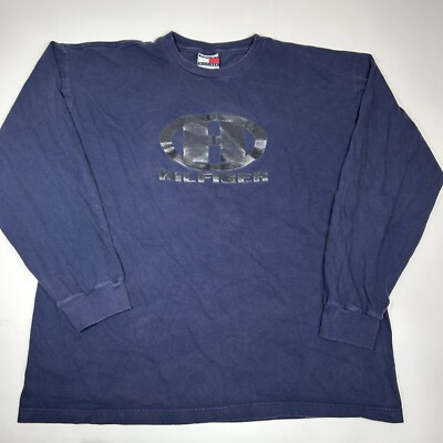 Vtg Y2K Tommy Hilfiger Blue Long Sleeve T-Shirt Men Sz L Logo Spell out Hilfiger