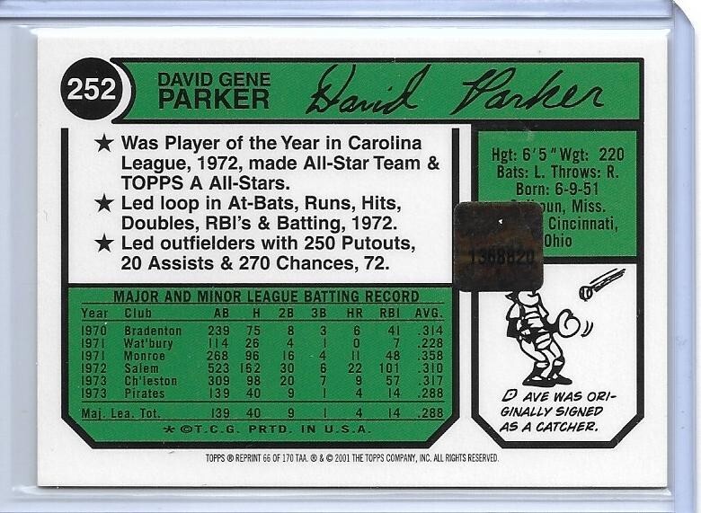 2001 TOPPS ARCHIVES 1974 ROOKIE DAVE PARKER AUTOGRAPH AUTO PITTSBURGH PIRATES eBay
