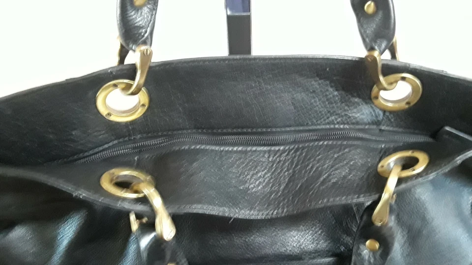 Bolso de Mano Fenn, Wright and Manson Cuero Guijarro Negro Asa Superior Dorado HW XL Foto 4 de 4