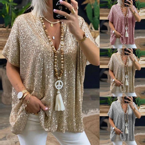 Womens Sequin Glitter Short Sleeve Tops Ladies Casual Loose T-Shirt Blouse  Tee | eBay