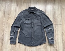 Mens AllSaints Beegan Denim Style Gray Cotton Distressed Shirt Size L