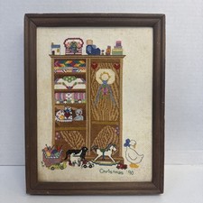Vintage Framed Goose Toys Quilts Country Cross Stitch Artwork 10.3x13.3  