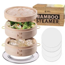 Bamboo Steamer 10 Inch 2 Tier Wooden Basket With Handle, Ring Adapter, Reusab...
