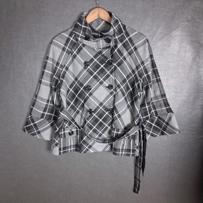 Apt 9 Jacket Women Large Plaid Check Swing Coat Double Breasted Belt Funnel Neck