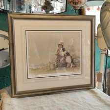 Vintage 2 Dog Sheepdog Border Collie Victorian Lady Print Framed Signed Sturgeon