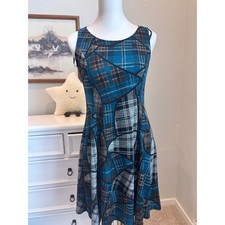 Plaid Fit Flare Dress Geometric Blue Teal A-Line Sleeveless Perceptions PXS
