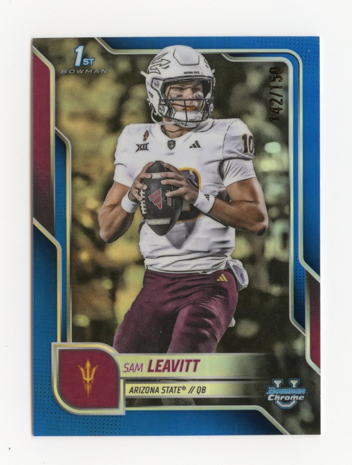 2025 Bowman Chrome University #195 Sam Leavitt Blue Refractor /150 LSU Tigers