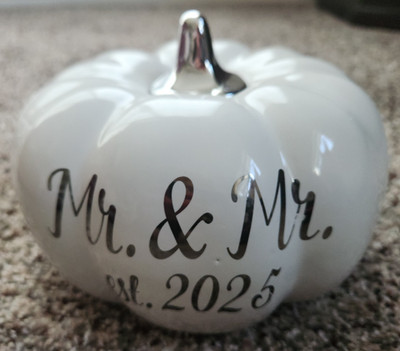 MR & MR Ceramic Pumpkin White Silver Stem & Print Bridal Halloween Thanksgiving