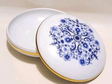 Vintage Limoges France Round Porcelain Trinket Box~ Blue Flowers/Gold Rim - Nice