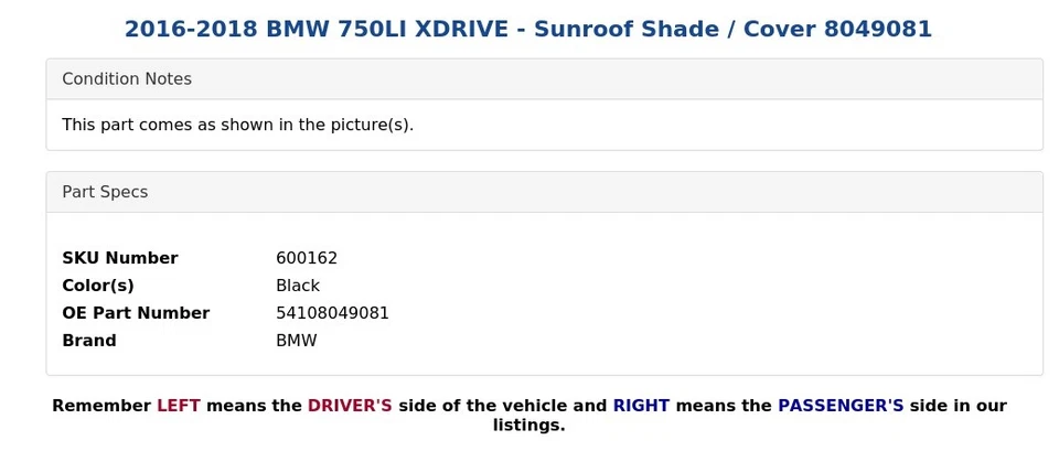 2016–2018 BMW 750LI XDRIVE — солнцезащитный козырек/крышка 8049081 - Изображение 4 из 4