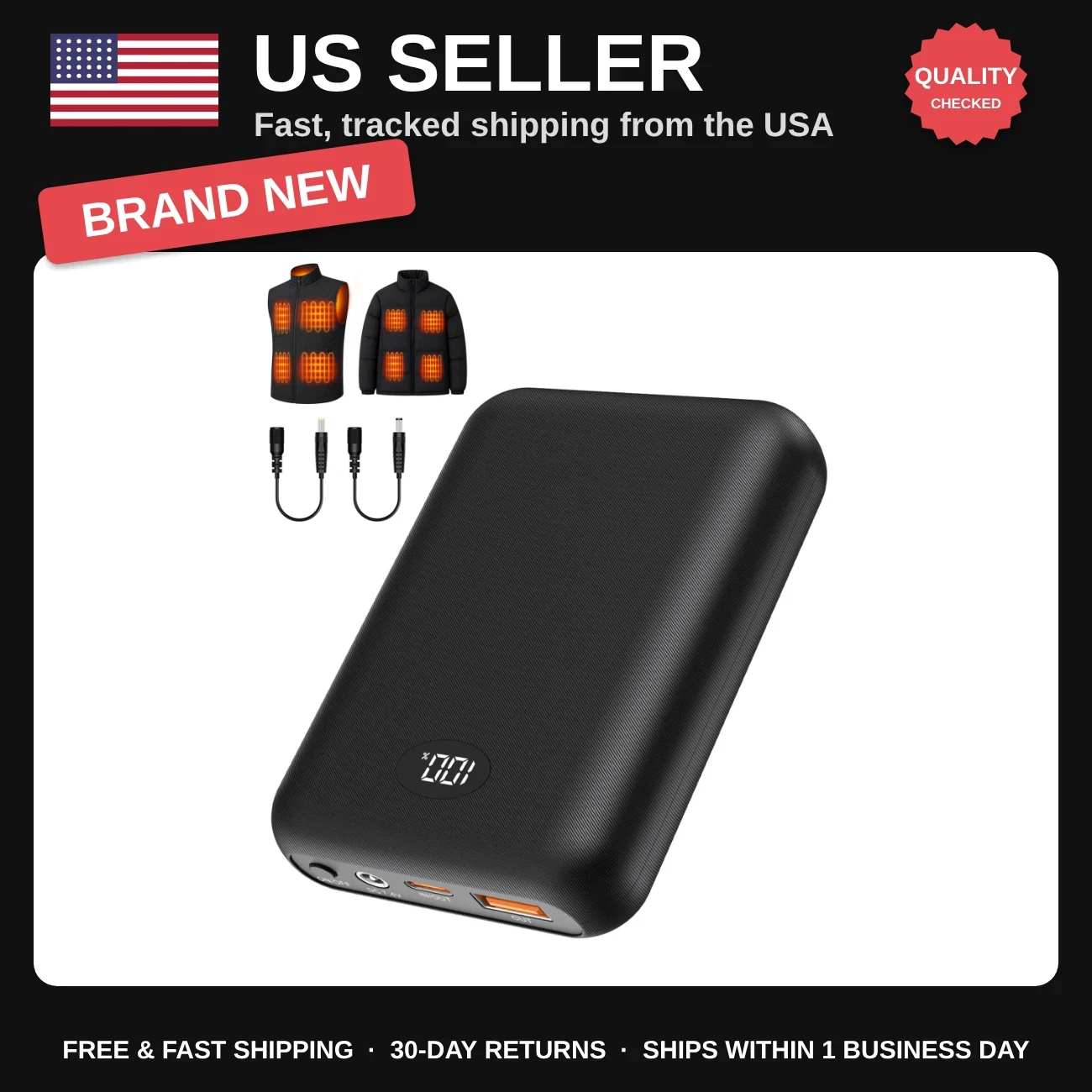 16000mAh 7.4V Heated Vest Battery Pack with 2 Adapters - Power Bank for Heat Jac - product detail image 1