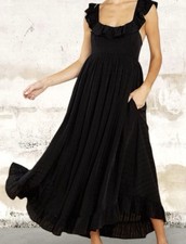 Entro Black Maxi Long Dress Square Neck Ruffle Straps Open Back Tie M
