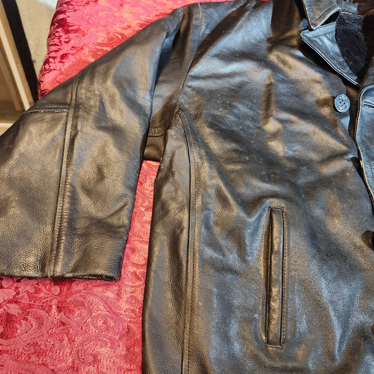 Vintage Express Black Leather Button Down Pea Coat w/ Removable Fleece Lining image 8