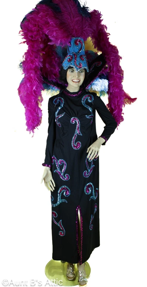 Mardi Gras/Carnaval/Showgirl Negro/Fucsia Vestido Capa Pluma Mochila Tocado M Foto 3 de 4