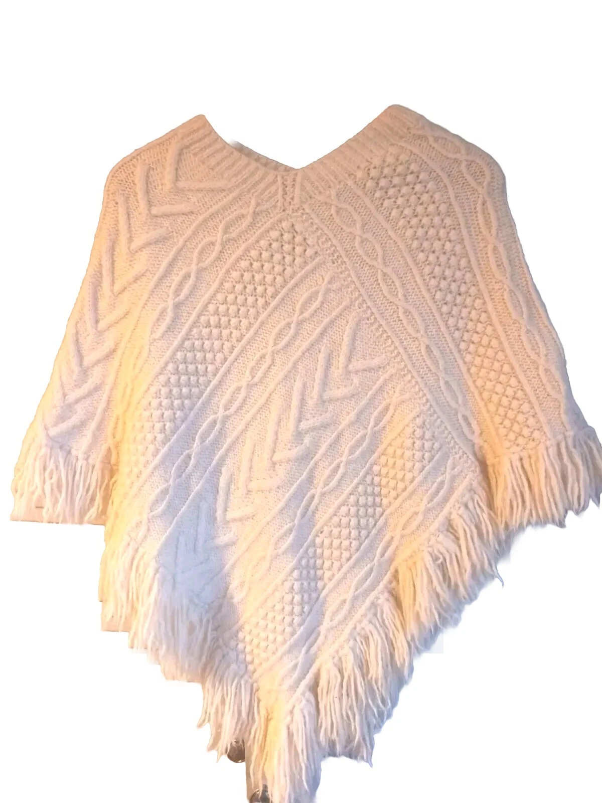 Boho Festival Vintage Wool Hand Knit Cable Arran Poncho Sweater Small Fringe