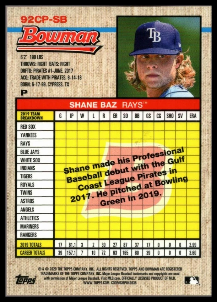 2020 Bowman Heritage Chrome Prospects Yellow Refractor #92CPSB Shane Baz Rays/75 - Image 2 of 2