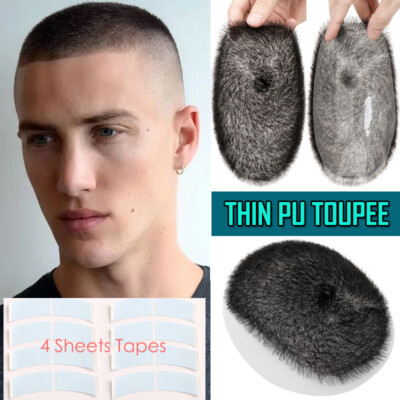 Buzz Cut Men Toupee Repalcement System Ultra Thin Skin PU Human Hair Piece Short