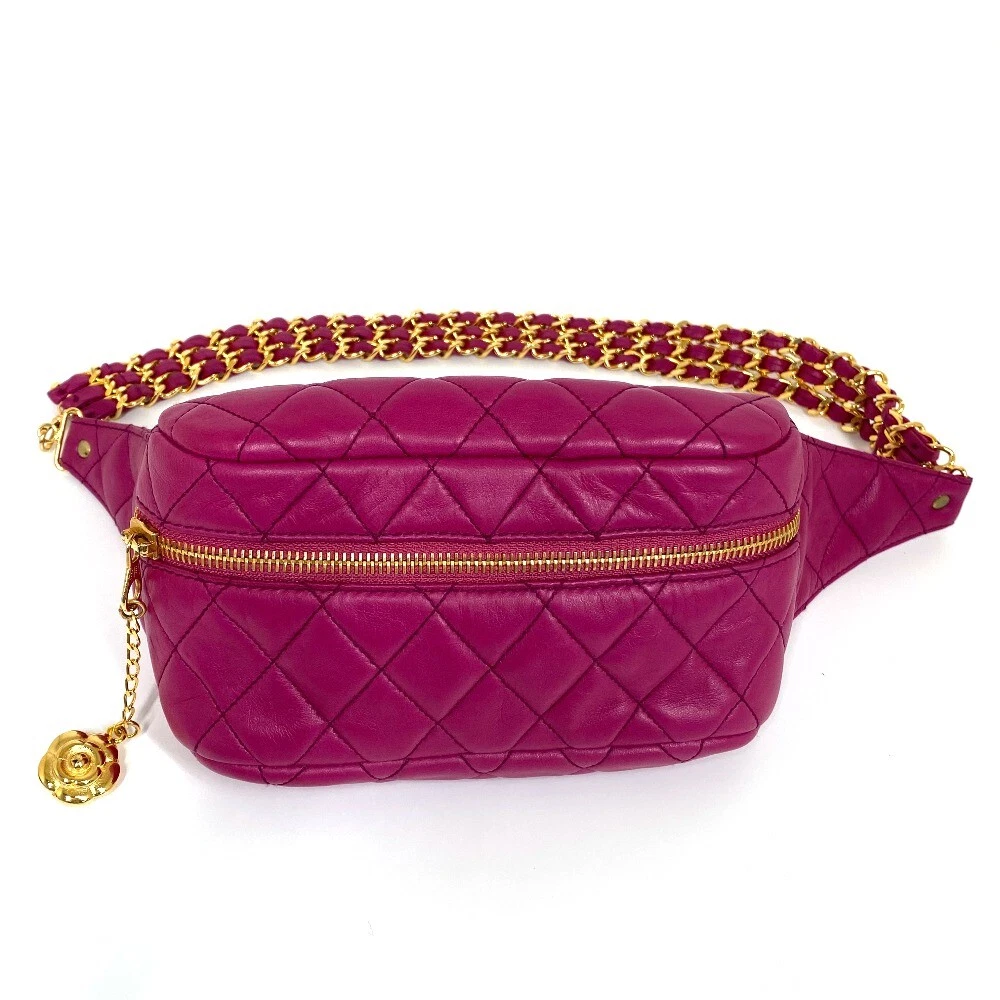 CHANEL Camelia Matelasse Triple Chain Waist Pouch Lambskin Pink Purple