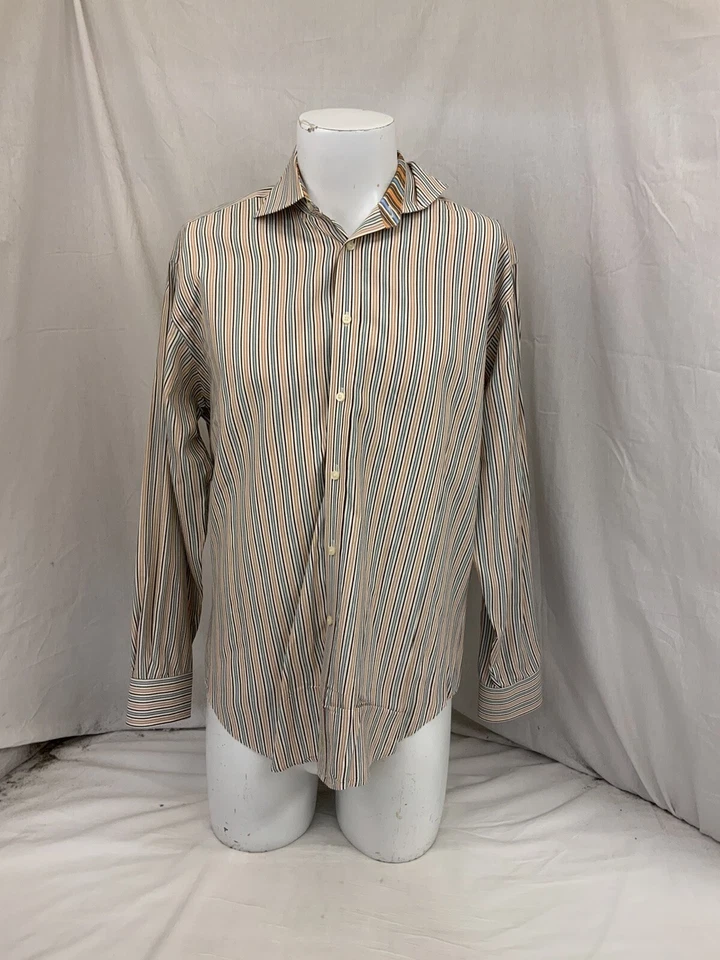 Camisa de Vestir Tailorbyrd Mediana Para Hombre Naranja Verde Rayas Algodón YGI N2-532 Foto 2 de 4