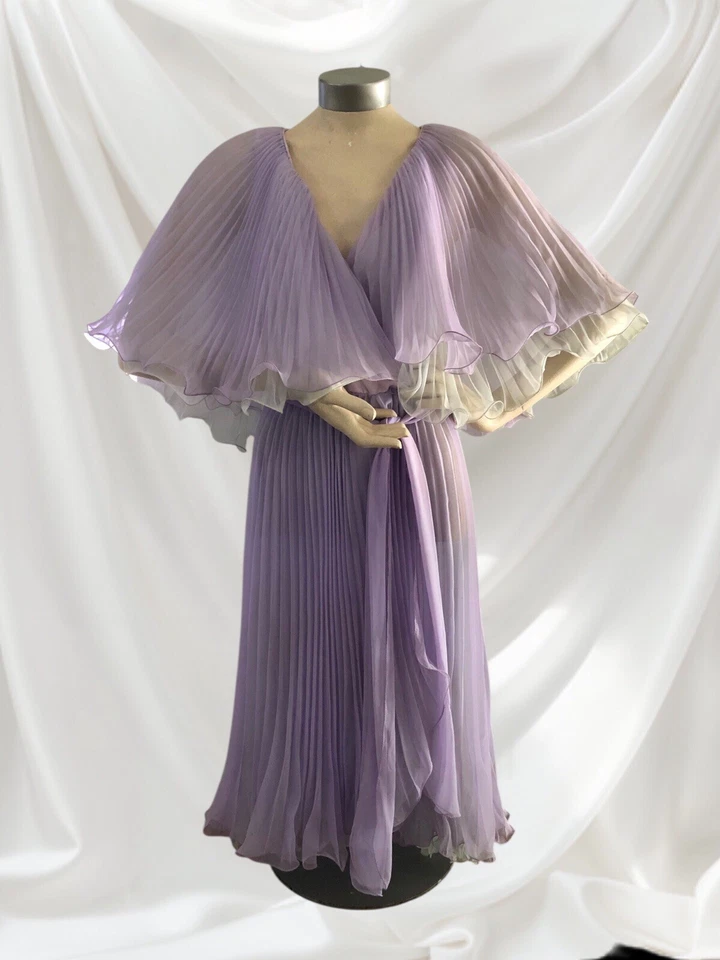 Vintage 60s Double Layer Chiffon Accordion Sheet Pleated V-Neck Cape Party Dress - Image 3 of 4