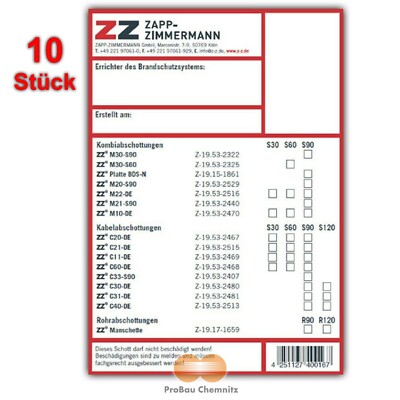 10 Stück ZZ Kennzeichnungsschild Deutschland Zapp Zimmermann Systeme ETA / ABZ
