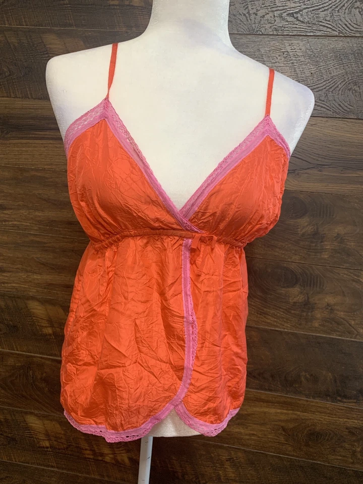 Victoria Secret Camisole Small PINK Silk Orange Pink Lace Vintage Rare Babydoll - Image 3 of 4