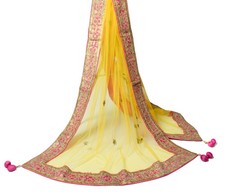 Sushila Vintage Yellow Dupatta Magenta Embroidered Border Net Mesh Long Stole