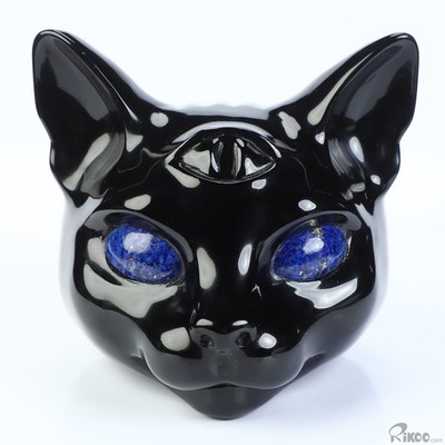 3.9'' Black Obsidian Hand Carved Crystal Egyptian Cat Head with Lapis Lazuli Eyes