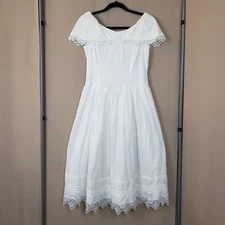 Jessica McClintock Dress Sz 14 White Cotton Lace Midi Flounce Back Skirt 1980s 