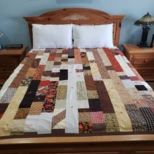 Vintage Patchwork Quilt Twin Hand Tied Brown Farmhouse Cottage Summer Blanket