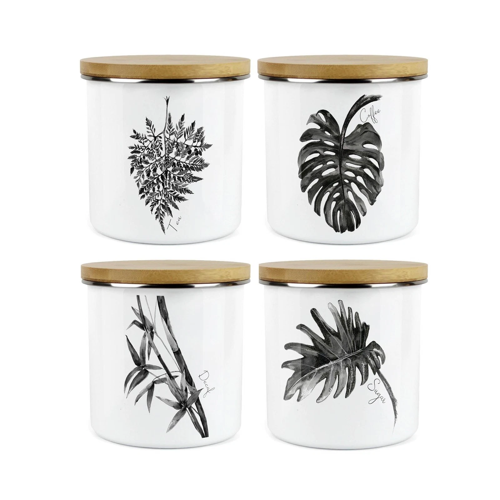 Ink Leaves Tea, Coffee, Sugar & Decaf Storage Canisters Set - Kitchen Containers