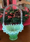 Fenton Art Glass Vintage Green Ruffled Basket Opalescent Hobnail 1940s Glows