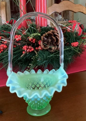 Fenton Art Glass Vintage Green Ruffled Basket Opalescent Hobnail 1940s Glows