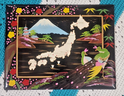JAPAN MAP, Mt Fuji, Peacocks, floral, handpainted black laquer vintage wood art