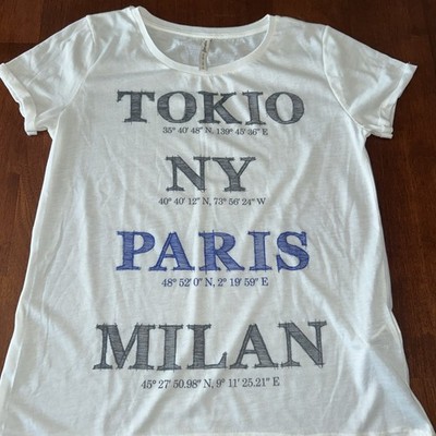 NEW Stradivarius Tokyo NY Paris Milan Coordinates T Shirt Large White Vintage