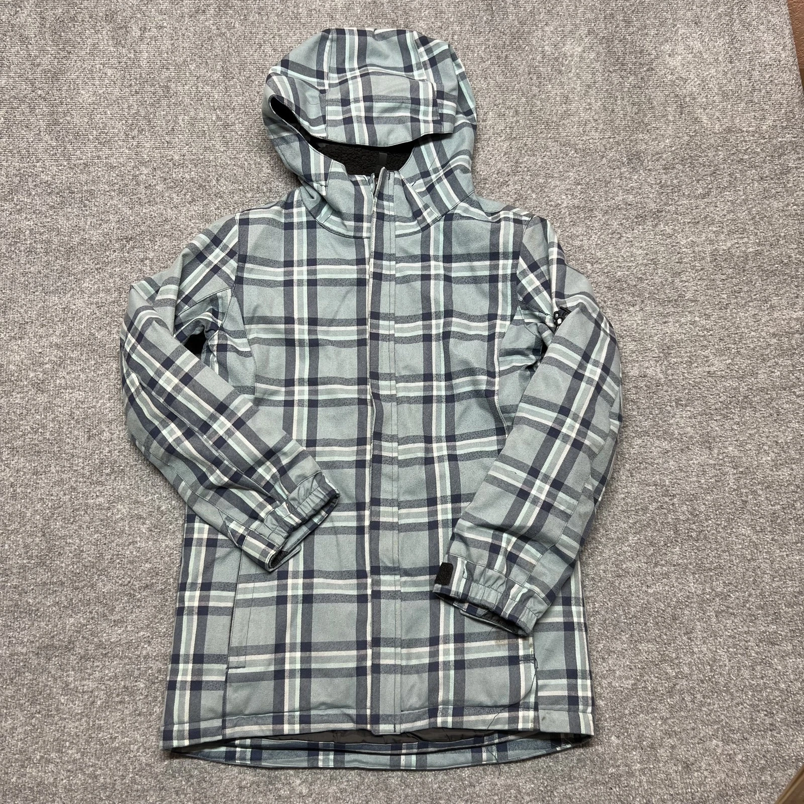 686 Jacket Youth Large Blue Plaid Hooded Insulated Waterproof Ski Snowboard