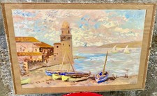 Tableau peinture gouache sur papier scène de port méditerranéen signé N°12