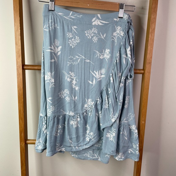 Decjuba Wrap Skirt Womens 10 Blue Floral Ruffle Trim Knee Length Tie Side Boho