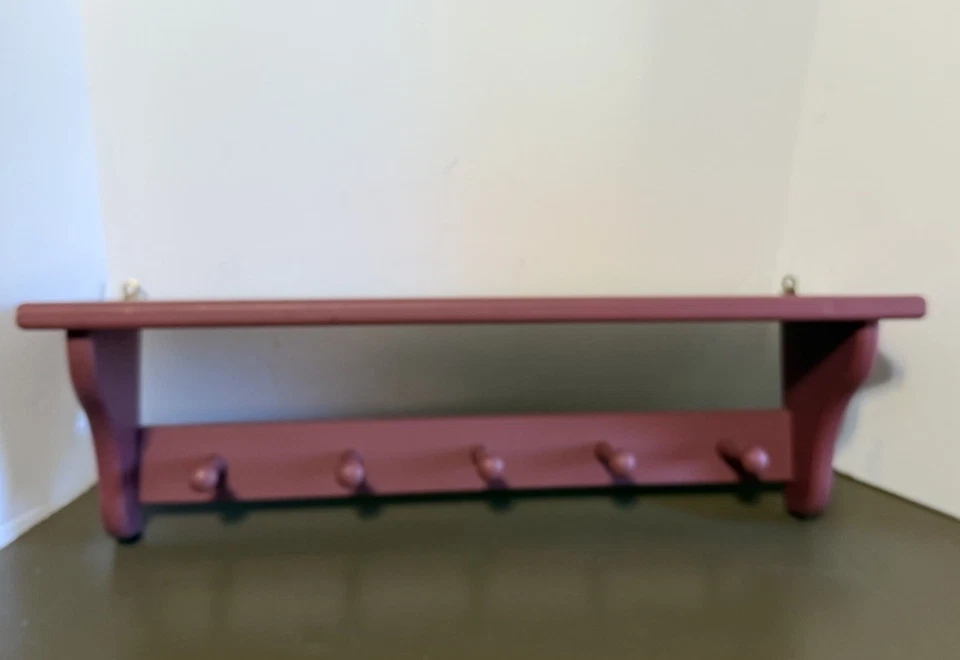 Vintage Wooden Rose Painted Shelf Wall Hanging Wood Coat Rack 5 Hangers 26” - Image 2 of 4