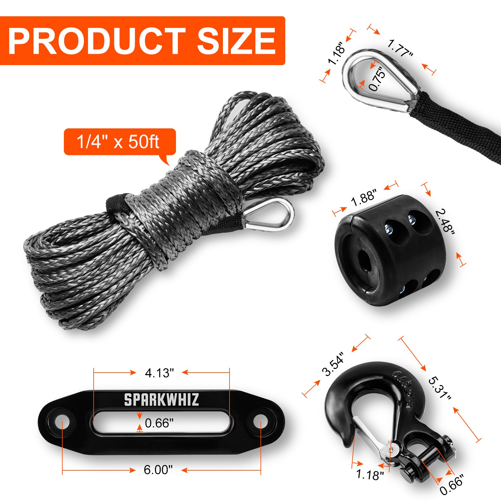 SPARKWHIZ 1/4" x 50' Synthetic Winch Rope Cable 10000lbs w/Sleeve + Winch Hook