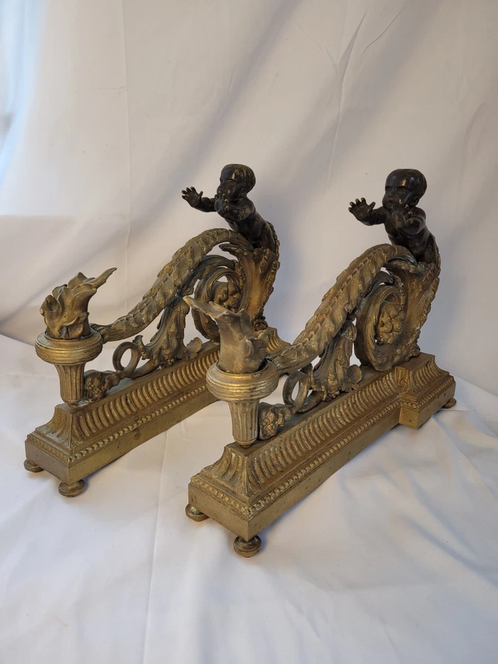 Early Louis XVI Style French Gold Gilt & Bronze Cherub Chenets - Image 1 of 4