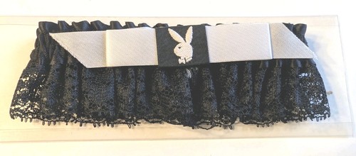 VINTAGE PLAYBOY BUNNY CLUB BLACK ON BLACK LACE GARTER WITH ORIGINAL BOX