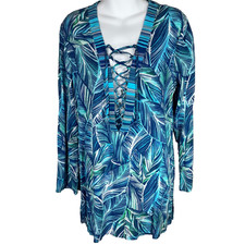 La Blanca S Cover Up Pool Resort Top Blue Green Tropical Tunic Lace Up V Neck