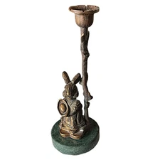 Vintage Brass Rabbit Candle Holder Candlestick 8.5” w/ Green Marble Base