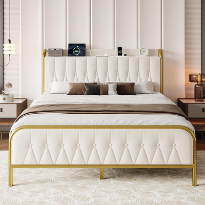 Ipormis Metal Bed Frame Queen Size with Charging Station, Velvet Upholstered Hea