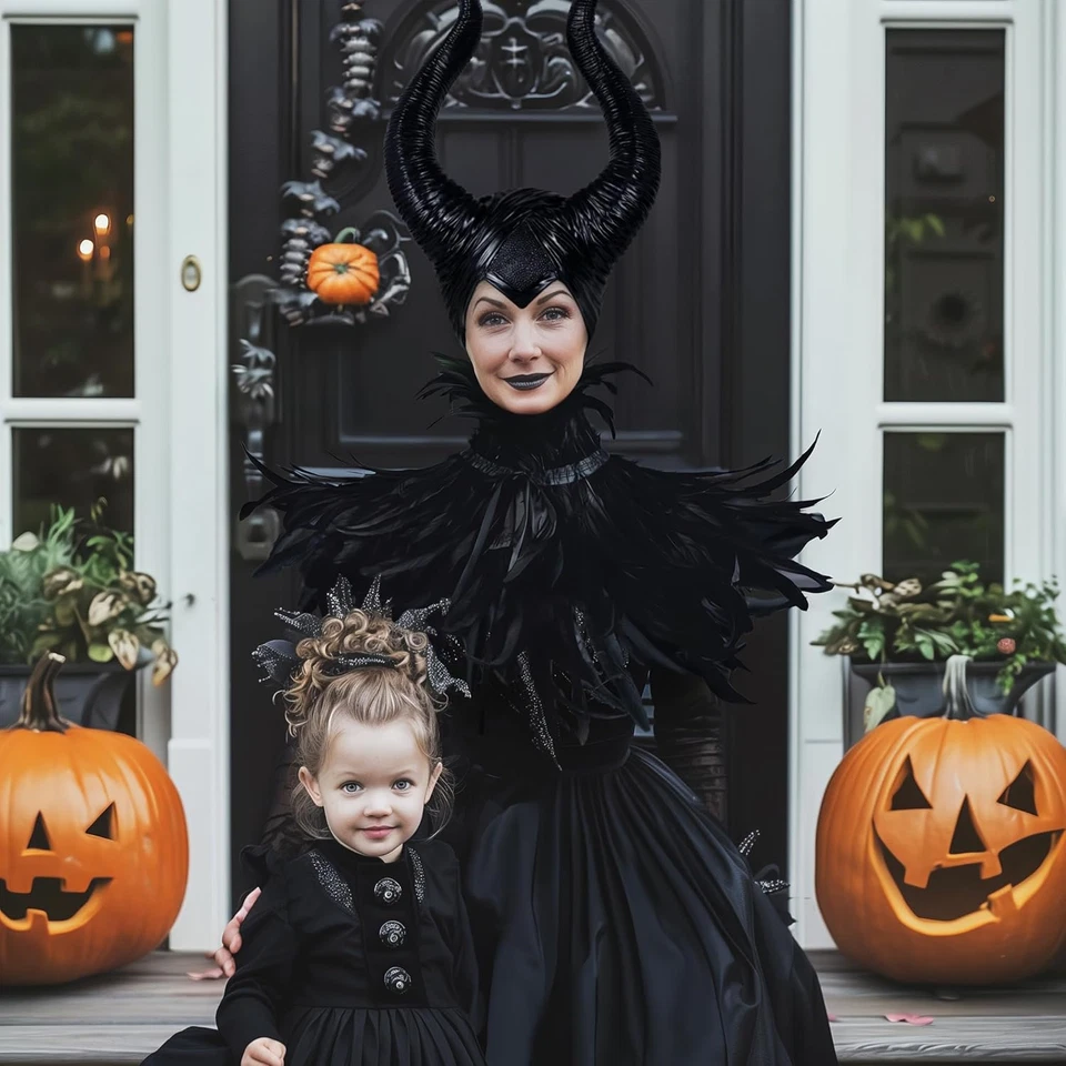 Evil Queen Feather Horns Costume for Women Black Cape Halloween Headpiece Shawl  - Image 4 of 4