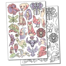 Artsy Contour Line Drawings Animals Temporary Tattoo Fake Body Art Set