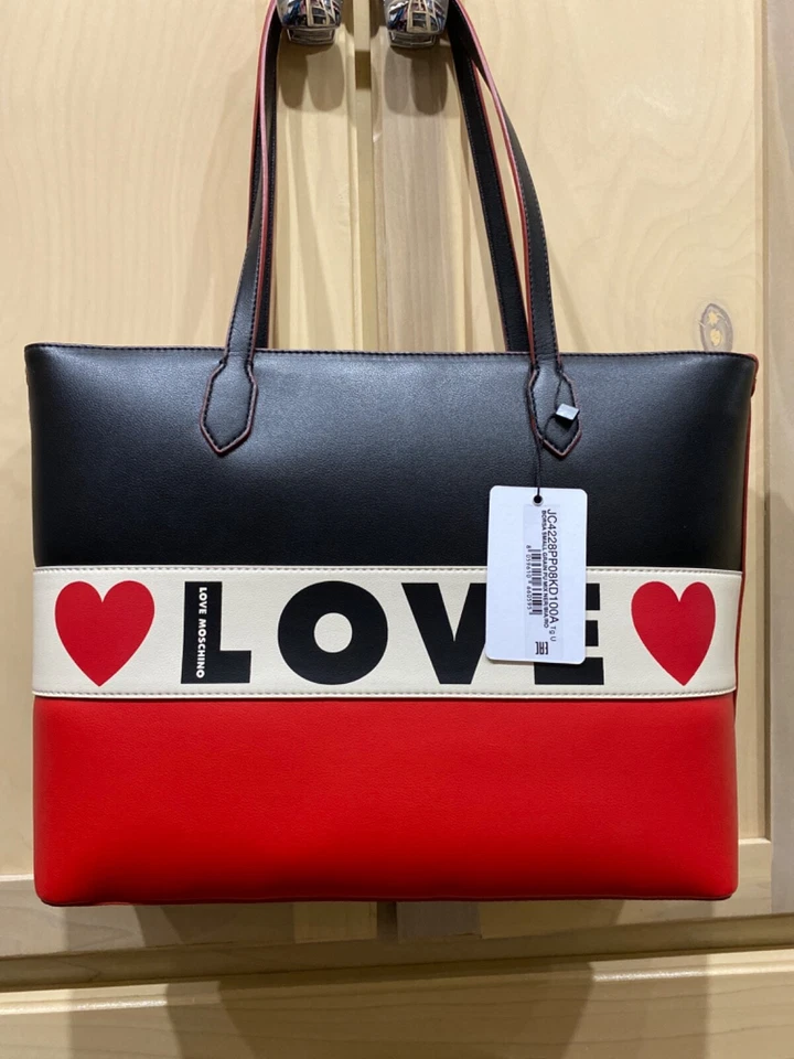 Nuevo con etiquetas Bolso de Mano Love Moschino Borsa Grano Pequeño PU Negro Rojo Foto 2 de 4