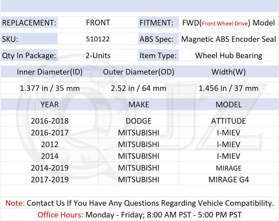 [FRONTAL (cantidad 2)] 510122 unidad de cojinete de cubo de rueda para Dodge Attitude 2016-2018 tracción delantera Foto 2 de 4